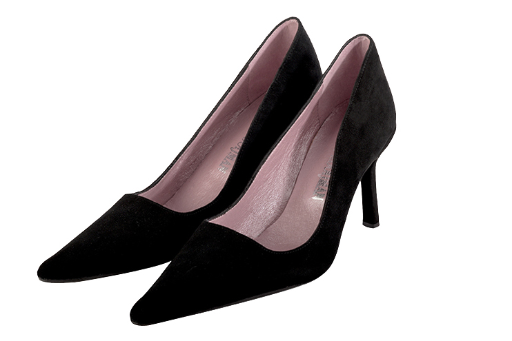 Matt black women's dress pumps,with a square neckline. Pointed toe. High slim heel. Front view - Florence KOOIJMAN